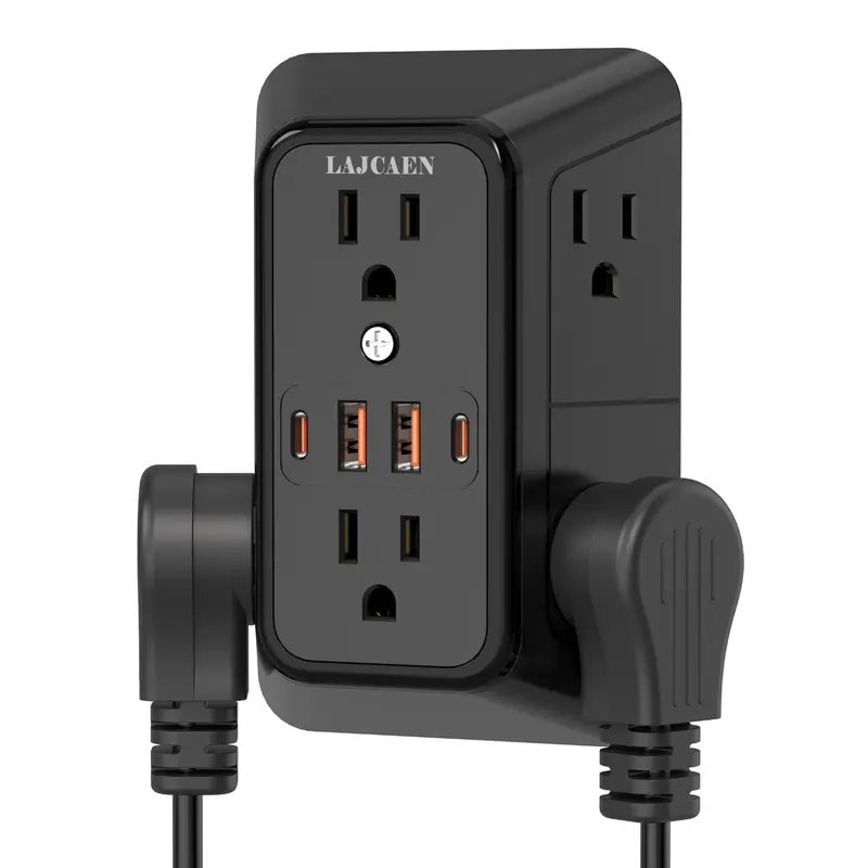 10-in-1 Multifunctional Plastic Power Strip Surge Protector Wall Socket Extender - 6 AC Outlets, 2 Type C Ports, 2 USB Ports, 3-Side Space-Saving Design, Wall Mountable, 5-Layer Safety System, 1050J Rating, Overload+Short Guard
