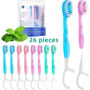 Disposable Mini Travel Toothbrushes, 5-in-1Mini-Brush+Floss+Pick+Tongue Scraper,26 Count Interdentalbrushes Compact Oral,Individually Wrapped, Portable on The Go Toothbrush for Work Travel - 4 Flavors