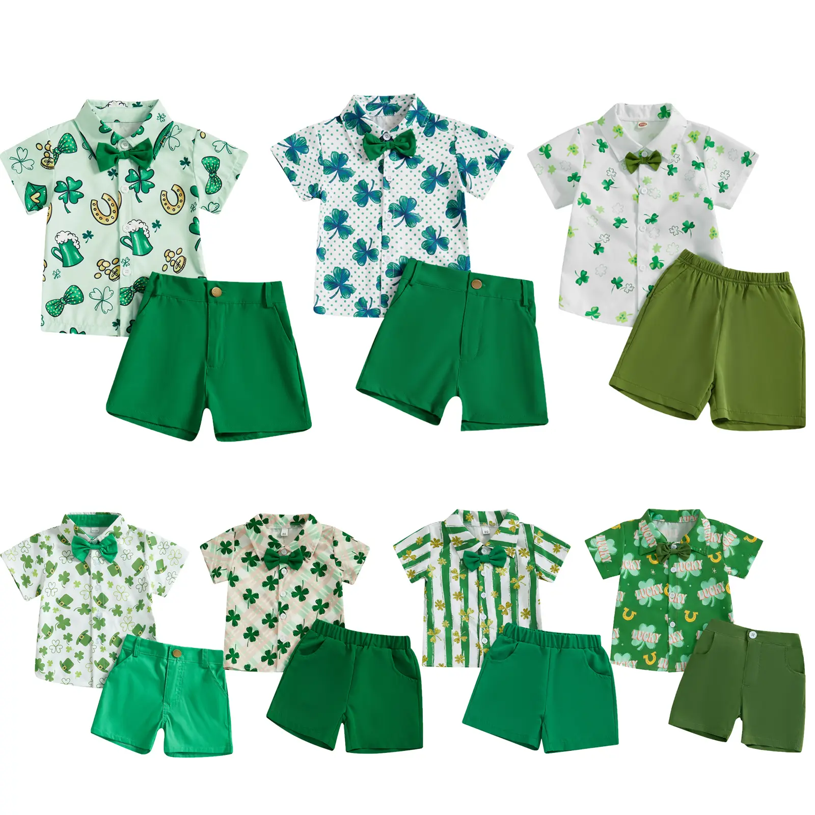 Toddler Baby Boy 2-Piece St. Patrick's Day Irish Outfits Set, Elastane Clover Button-Up Short-Sleeve Shirt & Shorts (6-12 Months, 3-4 Years), St Patricks Day