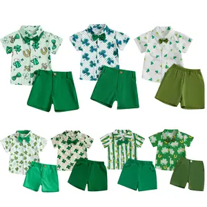 Toddler Baby Boy St Patricks Day Outfits Set Clover Button Up Short Sleeve Shirt and Shorts Set 2Pcs Irish Outfits