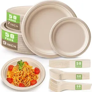 250pcs Disposable Paper Party Plates Set, Compostable Sugarcane Utensils, Eco Friendly Dinnerware Kit, 50 Biodegradable Plates, Forks, Knives & Spoons