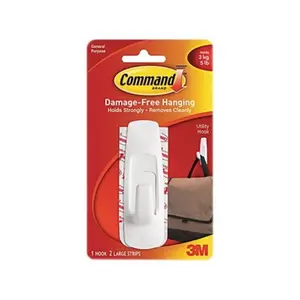 3M  5 lbs General Purpose Hooks Plastic, White - 1 Hook & 2 Strips per Pack