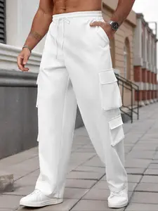 【Plus Size】 Solid Pocket Drawstring Waist Cargo Pants, Basic Casual Fashion Trousers for Daily Wear, Men's Bottoms for All Seasons, Streetwear, Casual Comfy Pocket