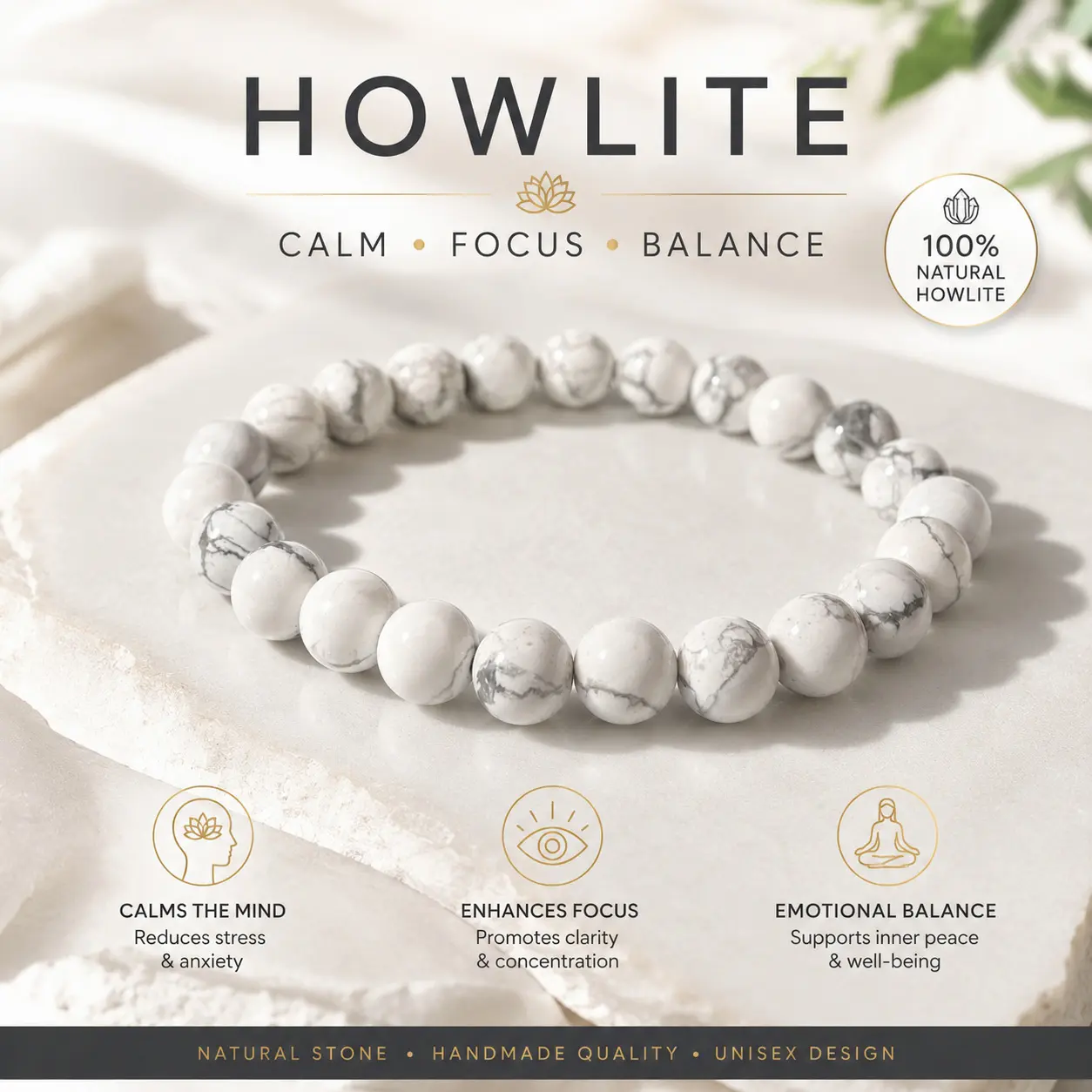Natural Howlite Crystal Bead Bracelet Unisex Energy Jewelry Academic Style Soothing Layered Men's Spiritual Gift Healing Crystals for Success Love Moss Agate bracelet stack bracelets for women bracelet for men
