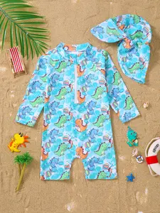 One-Piece Cartoon Print Swimsuit with Sun Hat, Summer Unisex Baby Swimwear, Full-Print Design, Perfect for Beach and Pool