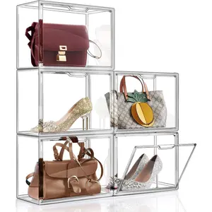 Purse Organizer for Closet, 5Pack Stackable Storage Bins, Clear Acrylic Display Case with Magnetic Lid, Closet Organizers and Storage for Handbag Organzier, Heels, Collectibles