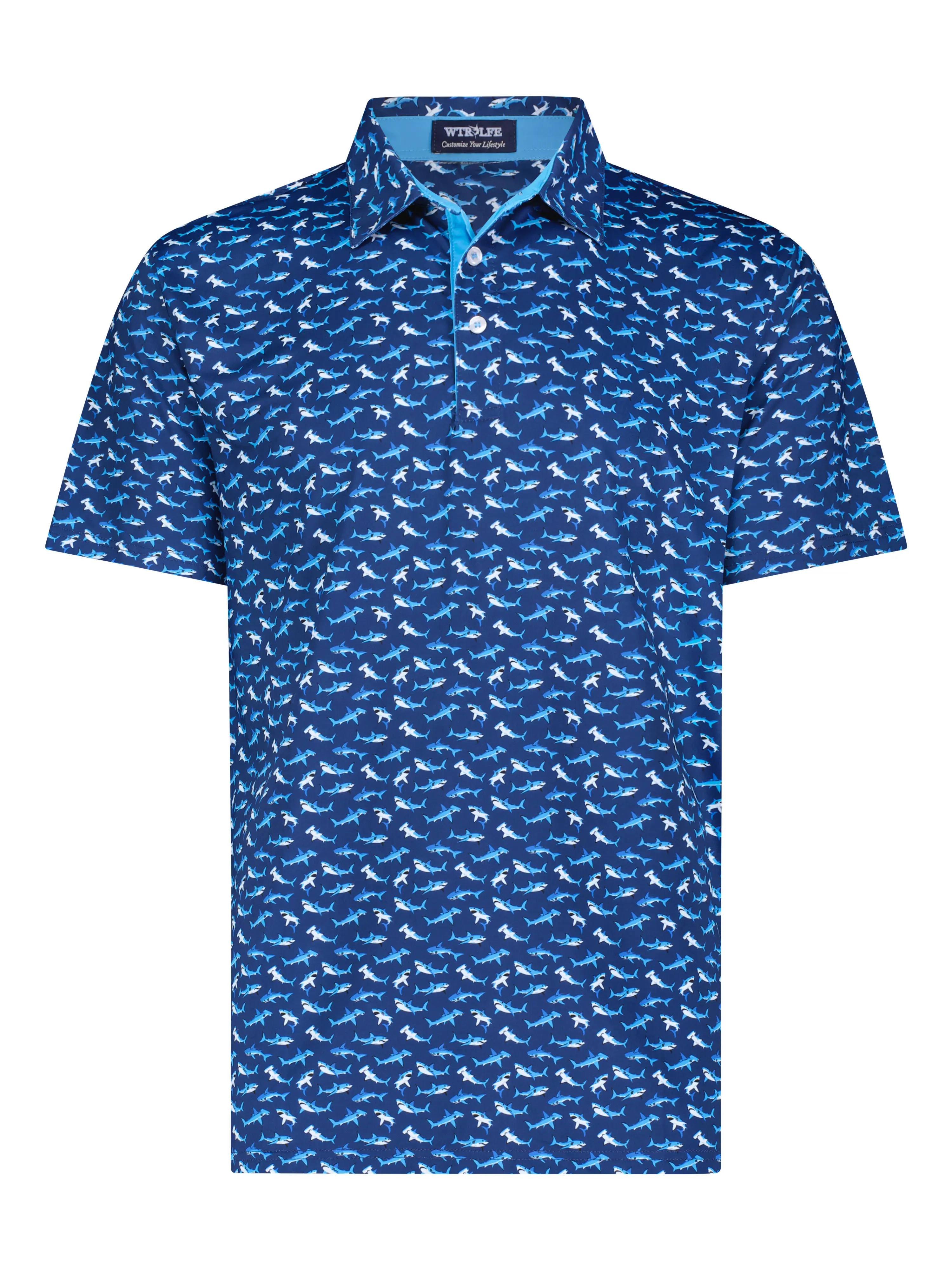 Men's Modern Fit Navy Short Sleeve Shark-Print Athletic Polo Shirt - 4-Way Stretch Featherlight Fabric, Quick-Dry Drip-Dry Moisture-Wicking, Polished Look Athleisure Top for Office & Course Use, Sporty Chic Menswear