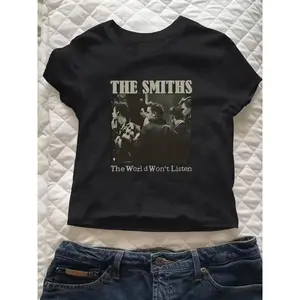 Women's The Smiths Print Round Neck Tee, Vintage Trendy Casual Short Sleeve T-shirt for Daily Wear, Ladies Summer, Top