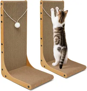 Value 2-Pack 23.6 Inch L-Shaped Cardboard Cat Scratcher, Dual Use (Vert/Horiz) Scratch Pad with Toy Balls, Wall-Mountable Furniture Protector Cat Scratchers for Indoor Cats
