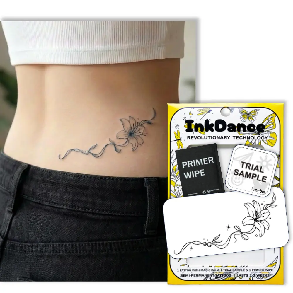 InkDance Semi-Permanent Tattoo, Graceful Lily Vine, Long Lasting Temporary Tattoos for Women, Waterproof Plant-Based Ink, Lasts 1-2 Weeks, Color Develops in 24 Hours D268, Tattoo Art, Pre-Packaged Temporary Tattoos
