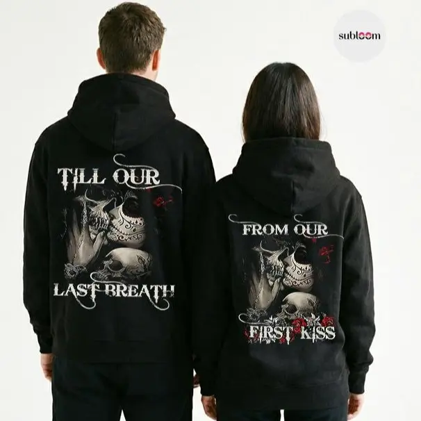 Romantic Gothic Couple's Hoodie, Skull & Rose Graphic Long Sleeve Sweatshirt, Matching Cotton-Blend Tops for Men and Women, Valentine's Love Gift, Set, Stretch, Yarn, Pullover, Pocket