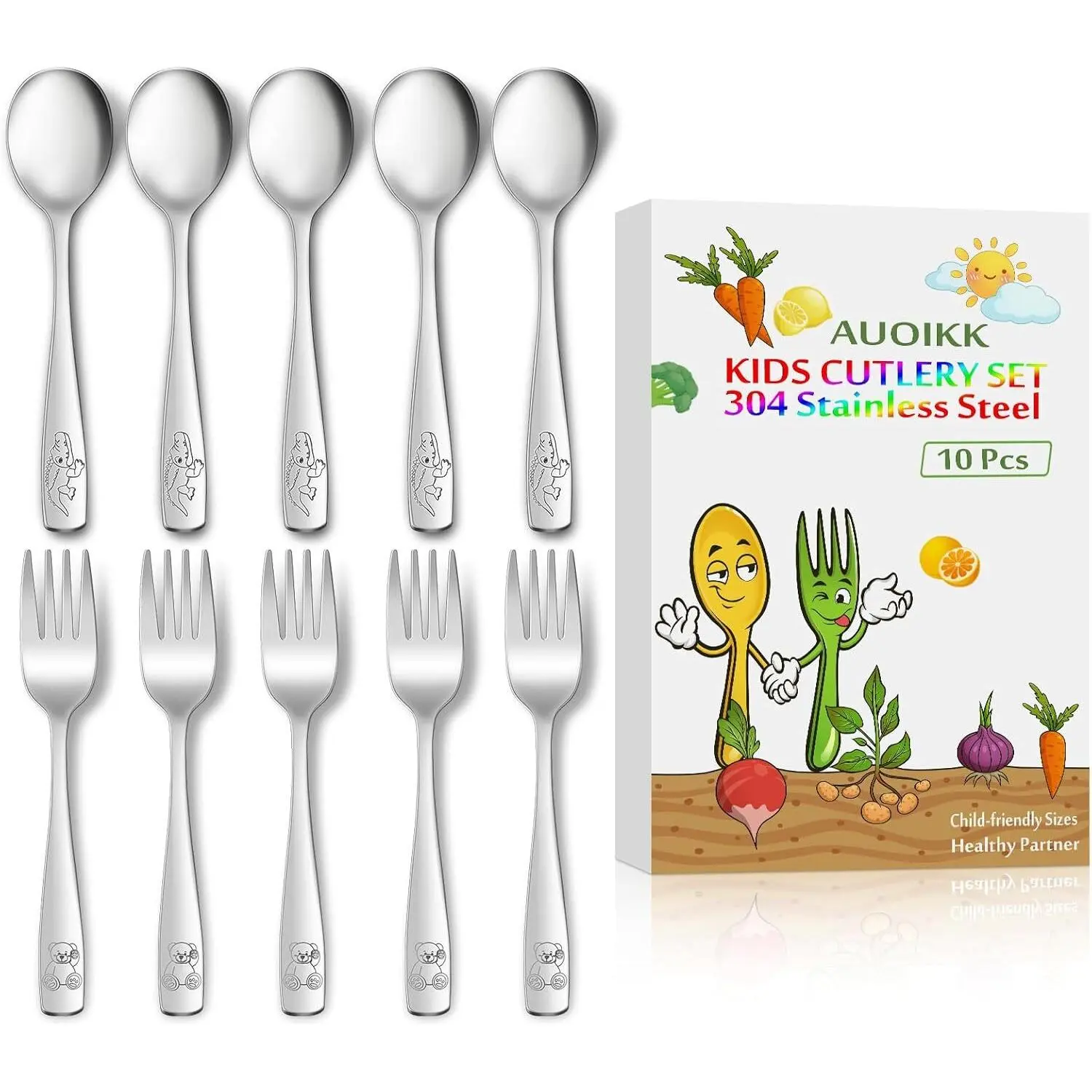 10-Piece Toddler Flatware, Kids Utensils Stainless Steel Cutlery Set, Children Safe Spoons and Forks with Ergonomic Handle, Easy to use and Dishwasher Safe (Crocodile and Bear)