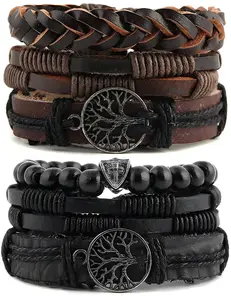 Men Women Genuine Leather Tree of life Bracelets, Tiger Eye Natural Stone Lava Rock Beads, Ethnic Tribal Elastic Bracelets Wristbands