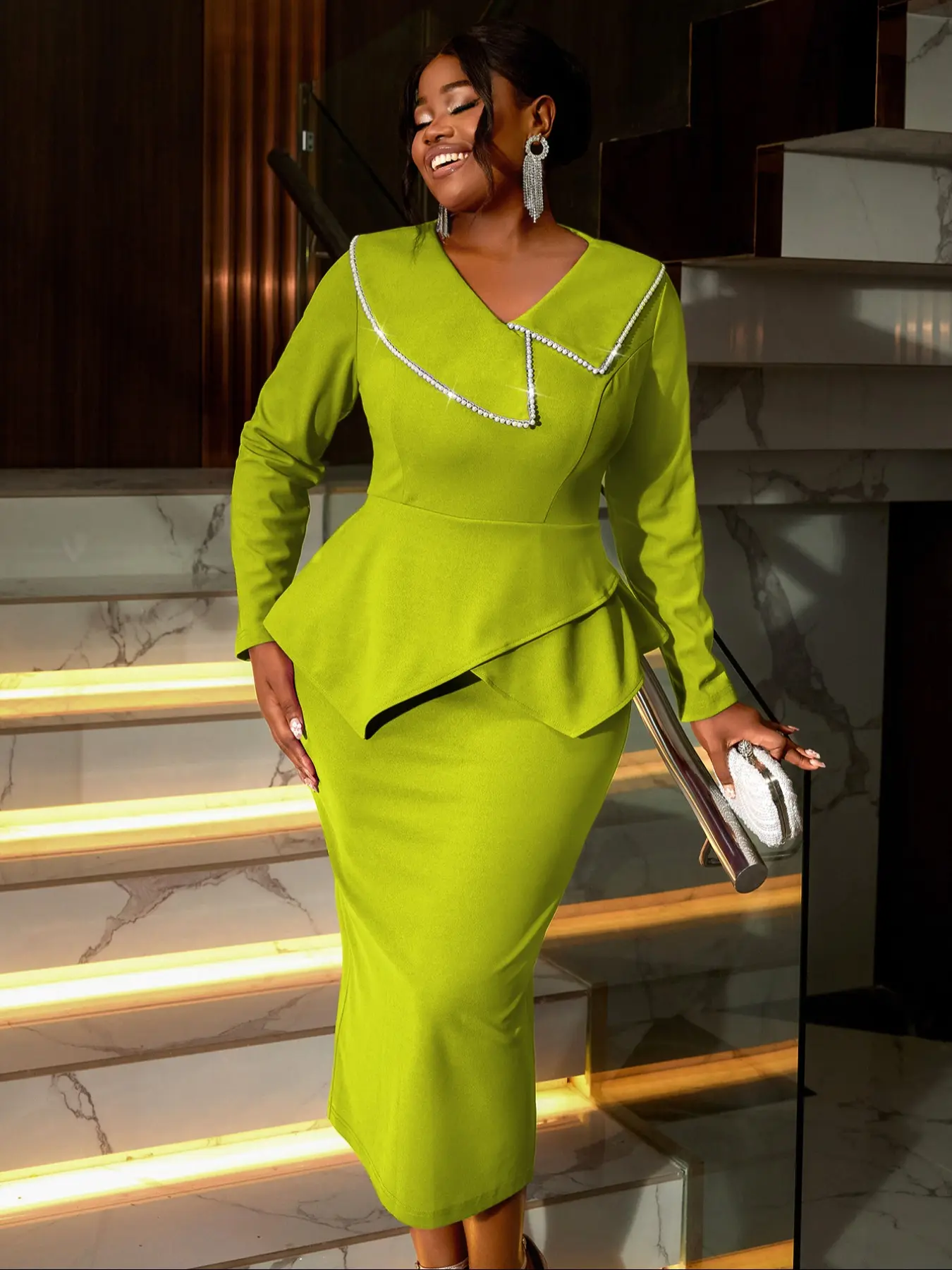 African plus-size solid color Formal women's asymmetric lapel Slim Knit dress with European and American style lotus leaf hem elegant dresses