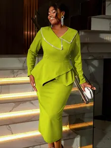 African plus-size solid color Formal women's asymmetric lapel dress with European and American style lotus leaf hem elegant dresses