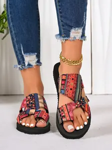 Boho Ethnic Style Open Toe Sandals for Women, Thick Sole Anti-Slip Beach Shoes, Summer New Arrival, Large Size Outdoor Wear