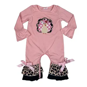 C baby girl clothes newborn pink trukey romper thanksgiving clothing embroidery applique ruffles romper