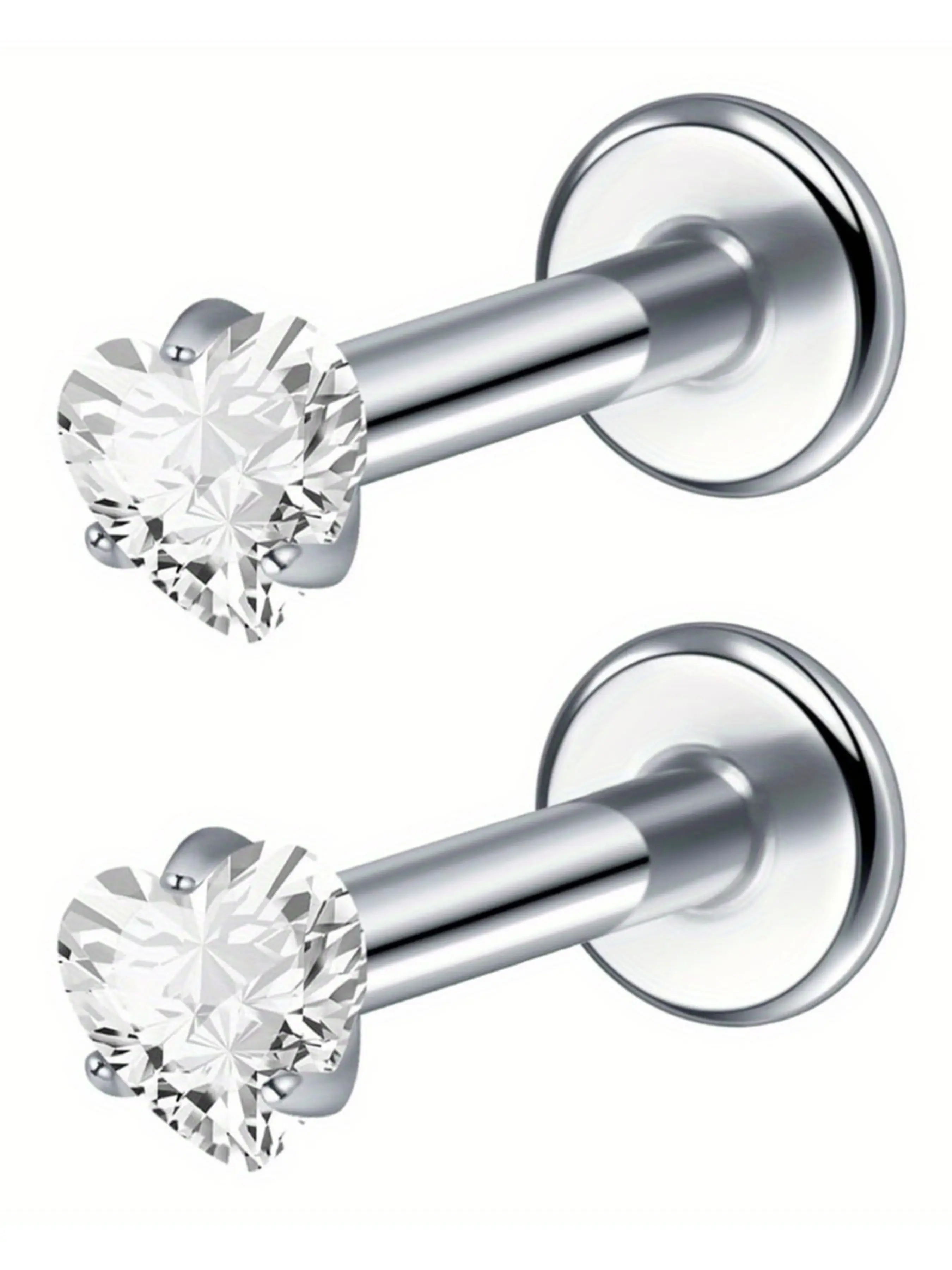 Heart Cz Nose Studs, 2pcs 16g Internally Threaded Nose Stud Earrings, Flat Back Heart Cz, Helix Cartilage Tragus Conch Labret Medusa Monroe Piercing Jewelry Cartilage Piercings Stainless Steel Material