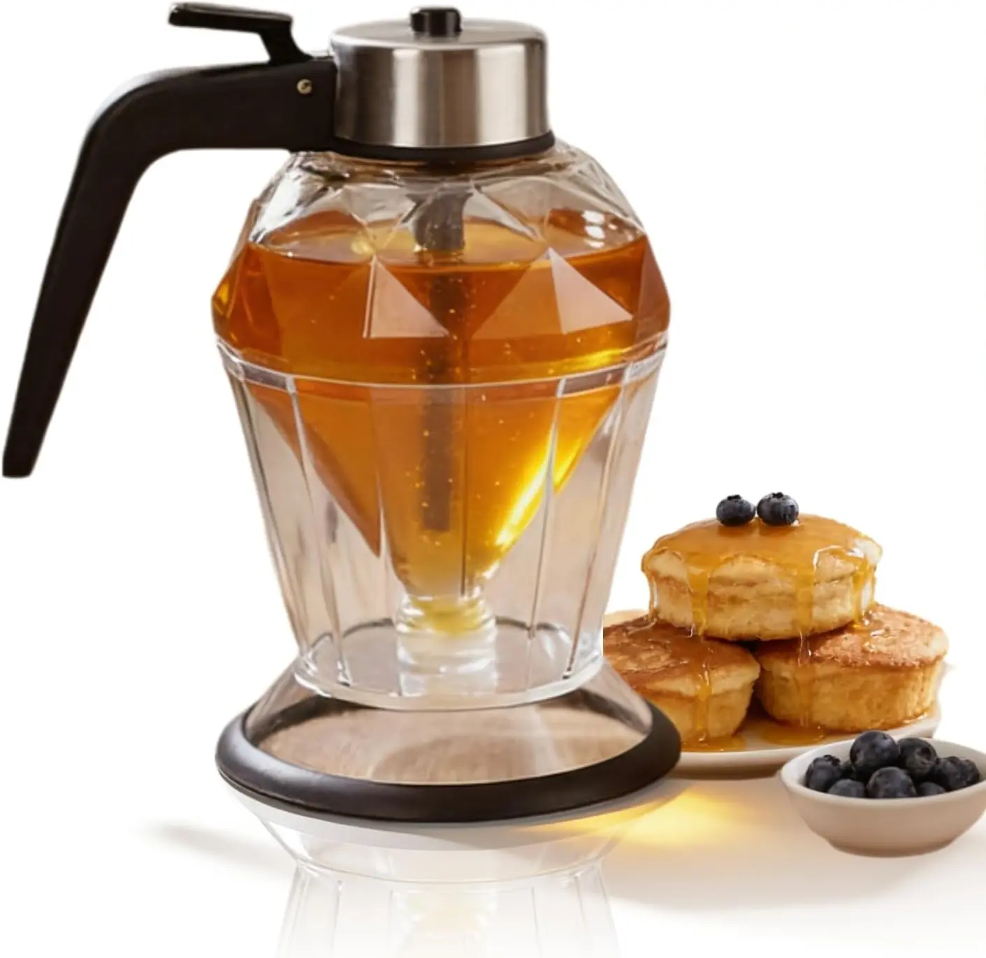 200ml Handheld Glass Honey Dispenser with Lid - Press-Type Transparent Diamond-Shaped Kitchen Canister, No-Drip Seasoning Utensil for Soy Sauce, Oil Bottles, Daily Home Supplies