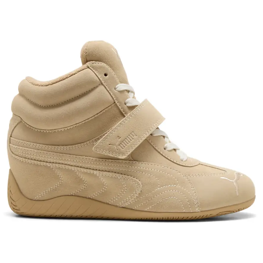 Puma Women's Sneaker, Speedcat Wedge in Tonal Beige Suede and Canvas, Authentic Round Toe Platform for All Seasons Comfort, Wedge Pumas, Athletic Wear, Wedge Sneakers, Sporty Chic