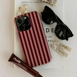 Burgundy & Pink Stripe Phone Case for 11/12/13/141/5/16/17 Series ,Glossy Slim Tough Cover, Protective Gift for Him or Her|   Lover’s Phone Case