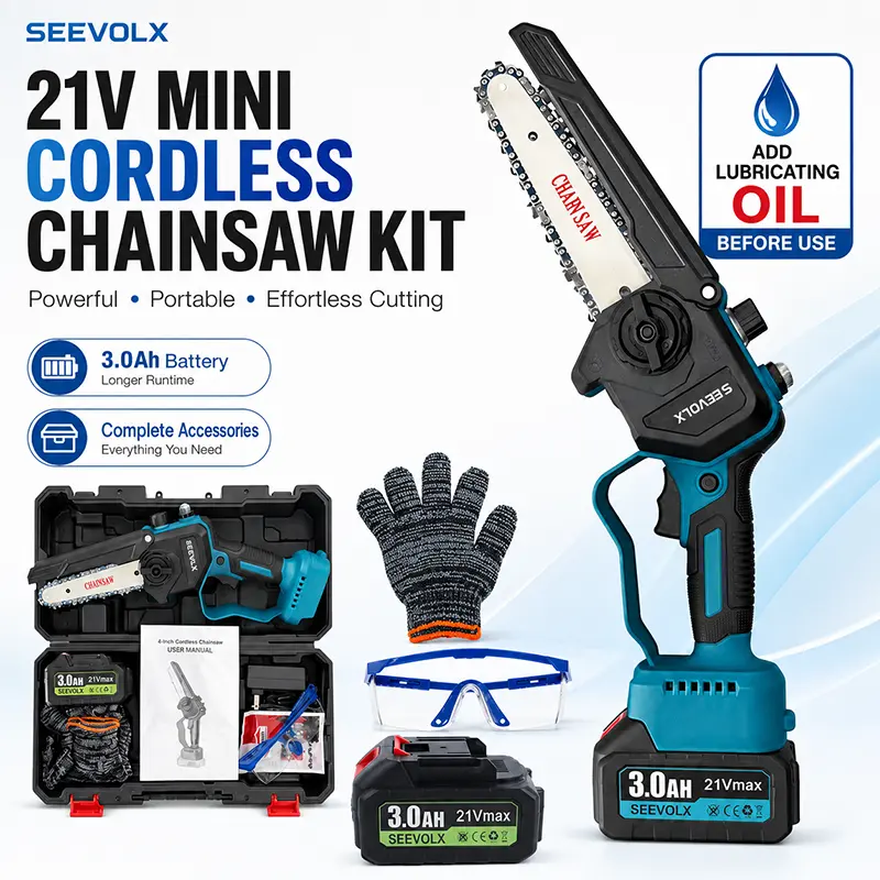 SEEVOLX 6 in Brushless Motor Mini Chainsaw, Portable Cordless Electric Chain Saw with Metal Plastic Build for Wood Cutting, Pruning, 1500mAh Battery Included, Suitable for Seniors