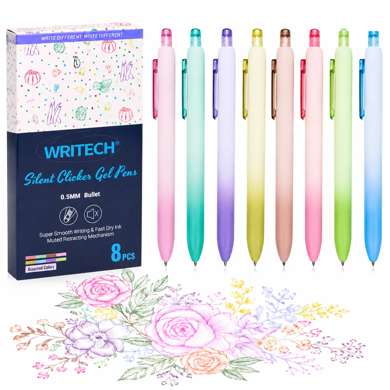 Gel Pens 8 Pack, 0.5mm Fine Tip Colored Pens with Silent Click Retractable Design, Aesthetic Gradient Barrel, Smooth Quick Dry Ink for Journaling, Drawing, Note Taking, School & Office Supplies