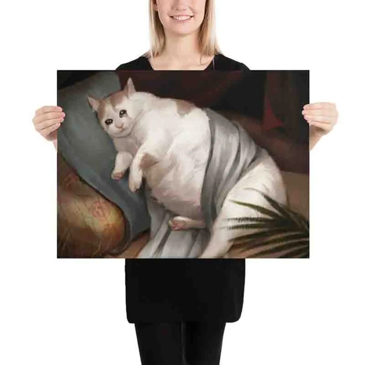 Fat Cat Crying Poster, Funny Chonk Painting Meme Wall Art, Ugly Renaissance Cats Art Print, Gag Lover Quirky Bizarre Gift