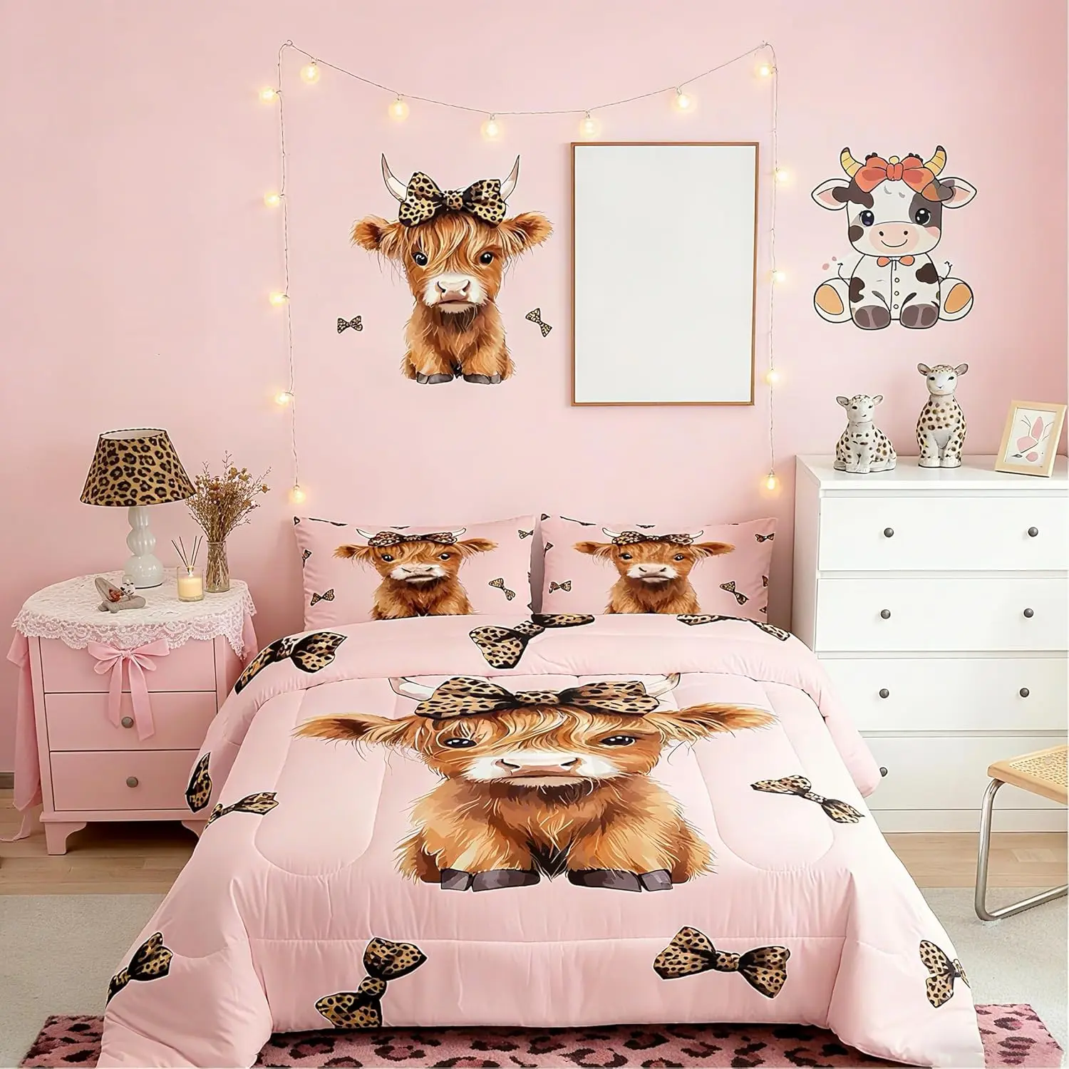 Pink Highland Cattle Comforter Set Highland Cow Bedding Set Bow Comforter Leopard Duvet Set Cute Bowknot Quilt Set