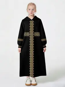 Vintage Gold Children Hooded Robe, Cross Geometric Pattern Girls Abaya, Muslim Girl Daily Long Dress, Casual Loose Fit