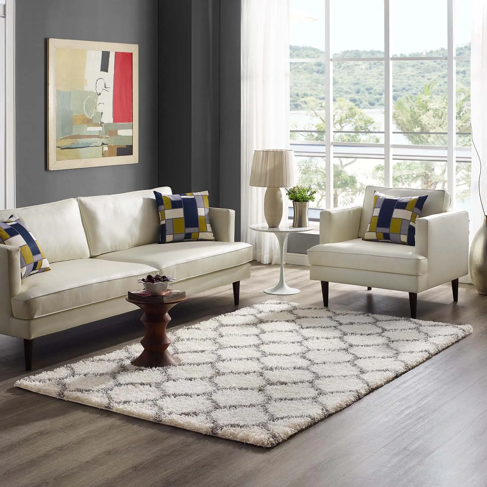 Modway Solvea Moroccan Trellis 5x8 Modern Shaggy Indoor Area Rug, Ivory and Gray Contemporary Decorative Geometric Home Decor Rug, Contemporary Decorative Rug, Geometric Rug