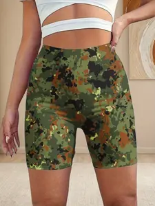 Women's Plus Size High-Waisted Yoga Shorts - Green, Brown, Black, Orange Printed Sports Shorts - Suitable for Fitness, Cycling, Yoga, Running, and Biking - All-Season Sportswear, Medium Stretch, Perfect for Outdoor Activities