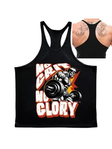 Men's Y-Back Gym Tank Top, "No Grit No Glory" Muscle Man Lifting Barbell Print, Quick Dry Breathable Sleeveless Workout Stringer for Fitness Training