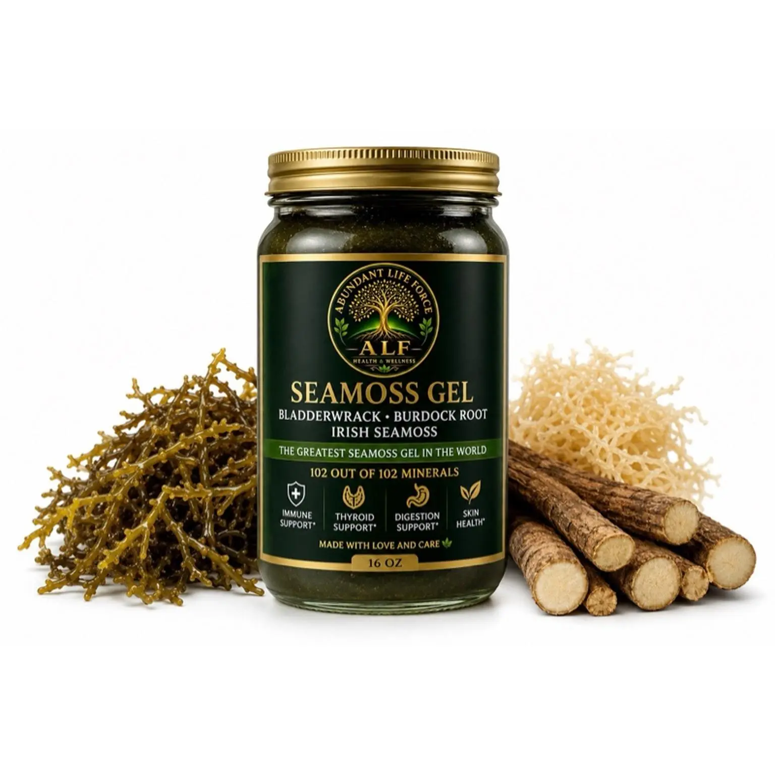 Abundant Life Force Seamoss Gel 16oz - Irish Seamoss with Bladderwrack & Burdock Root for Immune Support & Digestion