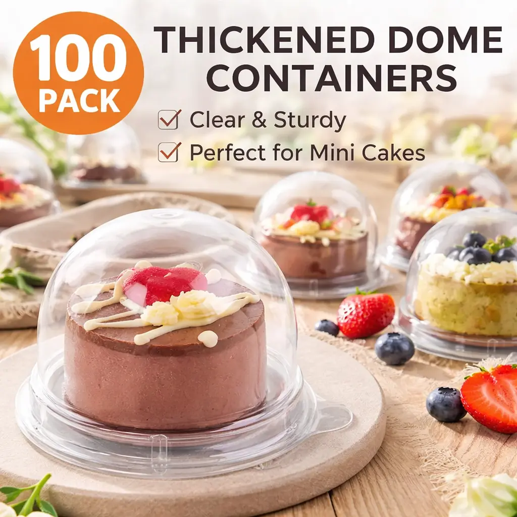 Mini Clear Bakeware Dessert Containers (100 Pcs) - Dome Lid Plastic Boxes, Baking Utensils for Mini Bakery Cake Boxes, Birthday Oreo Cookies, Strawberries