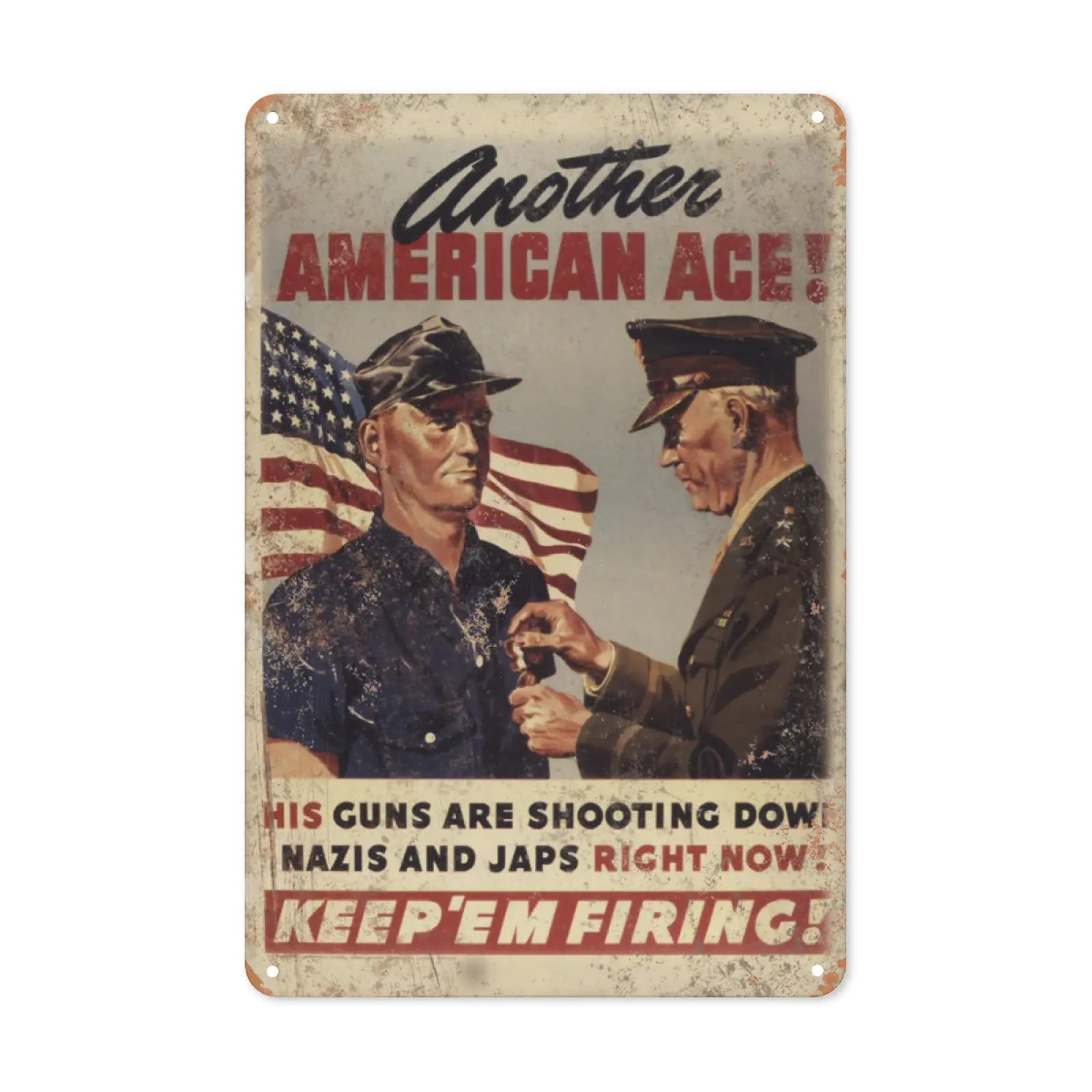 WSTKJW Vintage Retro Pre-Drilled Tin Metal Decorative Plaque - WW2 American Ace "Keep Em Firing" Axis Powers Sign, 8x12in/20cm x 30cm Easy-Install Wall Plaque for Home Decor, Garage Man Cave