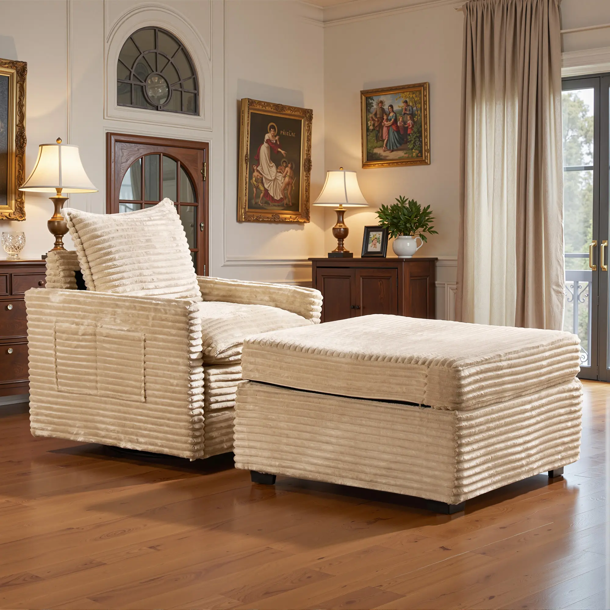 Beige Plush Corduroy Swivel Chair+Ottoman