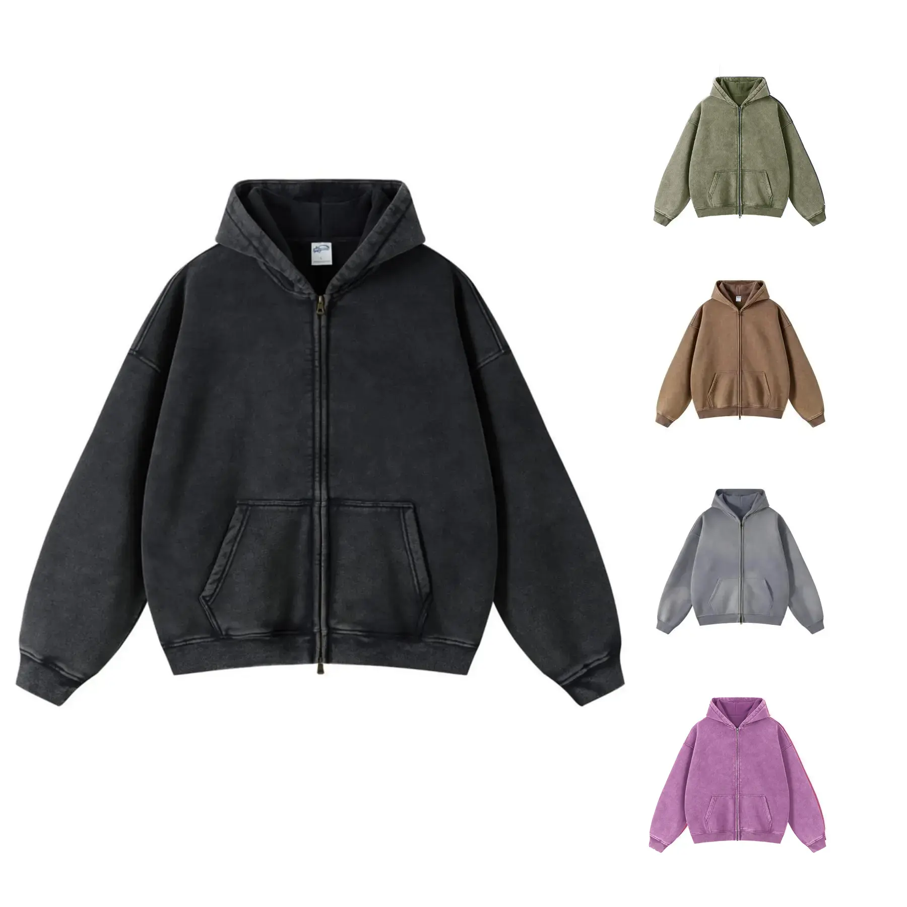 Unisex Oversized Zip-Up Hooded Fleece Jackets, Vintage Acid-Wash Cotton, Heavyweight Distressed Sweatshirts Casual Long Sleeve