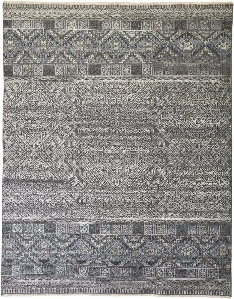 HomeRoots Geometric Pattern Area Rug, 10x13 ft Hand-Knotted Viscose Rug in Gray,Ivory & Blue, Fade-Resistant High-Low Pile for Living Room, Geometric Pattern Rug
