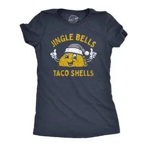 Womens Jingle Bells Taco Shells T Shirt Funny Xmas Season Mexican Food Lovers Tee for Ladies Funny Womens T Shirts Cute Vintage Fashion Casual Ladies T-Shirt Gift Christmas Tops for Women Funny Food Top Women's Navy -