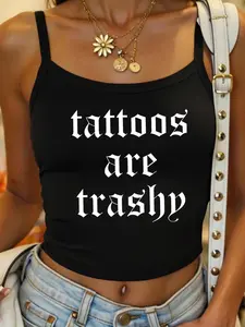Women's Summer Sexy Bodycon Letter Print Halter Sleeveless Top, Bodycon Tank Top, Essential for Hot Girls Outdoors, Casual Style, Perfect for Streetwear