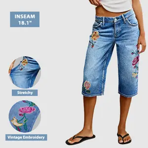 Flamingals Wash Floral Embroidery Mid Rise Straight Leg Capri Jeans Womenswear Stretchy 17.3" Inseam