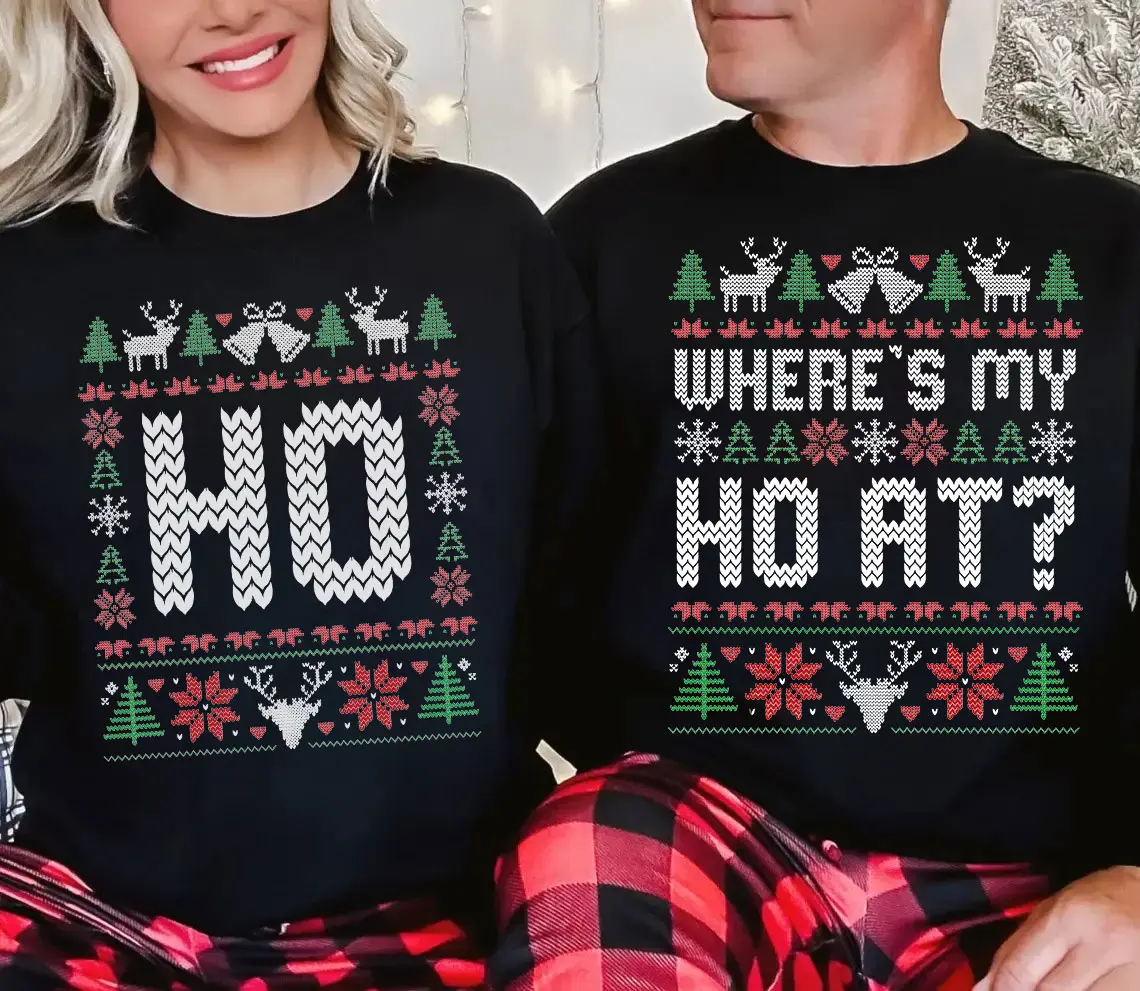 The Original Unisex Funny Couples Ugly Christmas Sweater, Couples Matching Ugly Christmas Sweater, Where My Ho's At, Sold Seperate