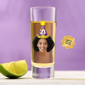 Custom Birthday Shot Glass with Face & Age – Personalized Tall Shooter Glass, Funny Milestone Party Favor Gift