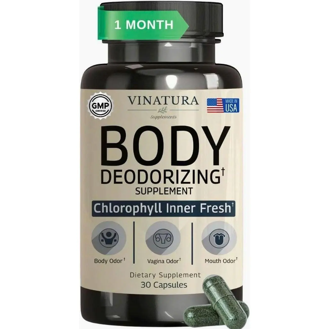VINATURA Body Deodorizing Supplement for Women - Magic Chlorophyll Pills for Body Odor Eliminator, it Works for Her Internal Deodorant, 30 Capsules