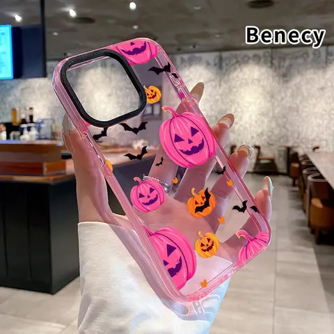 Ultra-Thin Soft Silicone+TPU Transparent Cellphone Casing - Durable, Anti-Yellowing, Shockproof Full Coverage Crystal Cover with Pumpkin Bat Fantasy Design for iPhone 17,16 Pro Max,15 Plus,14,13,12,11,Air - Mobile Phone Accessories for Women