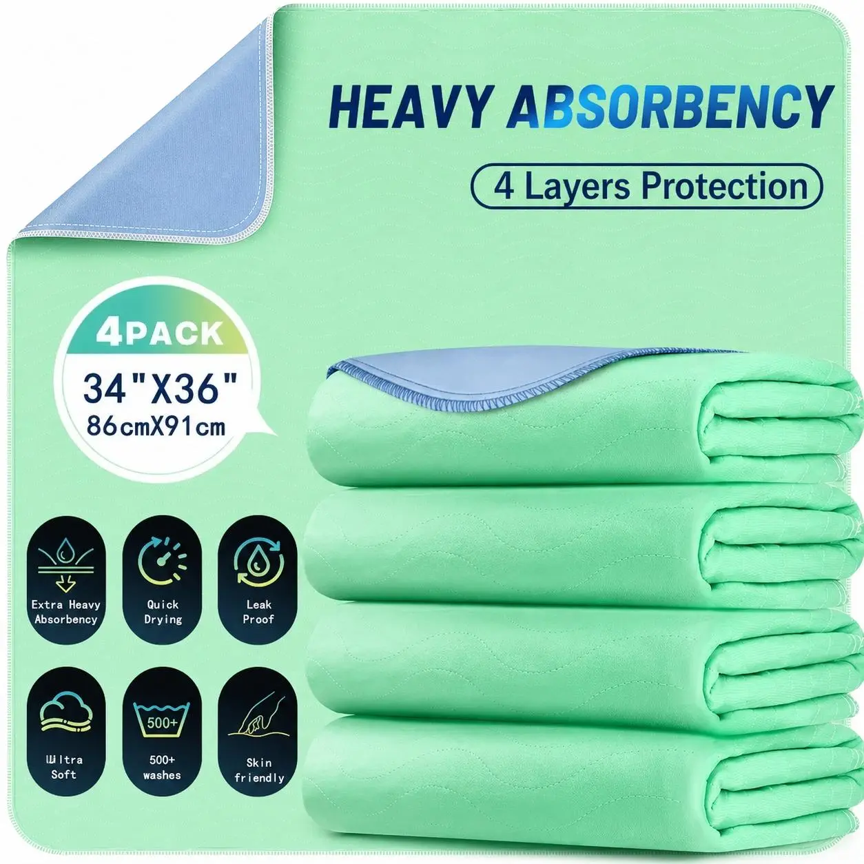 Washable Incontinence Bed Pads, 4 Pack of 34" x 36" Reusable Heavy Absorbency Mattress Protectors, Soft Protective Liners for Adults, Kids, and Pets, Incontinence Pads
