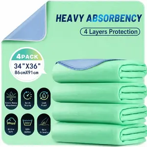 Premium Washable Underpads- 34"x36"Pack of 4 Reusable Heavy Absorbency Bed Protection Pads for Kids, Adults and Pets - Soft Leakproof Mattress Protector