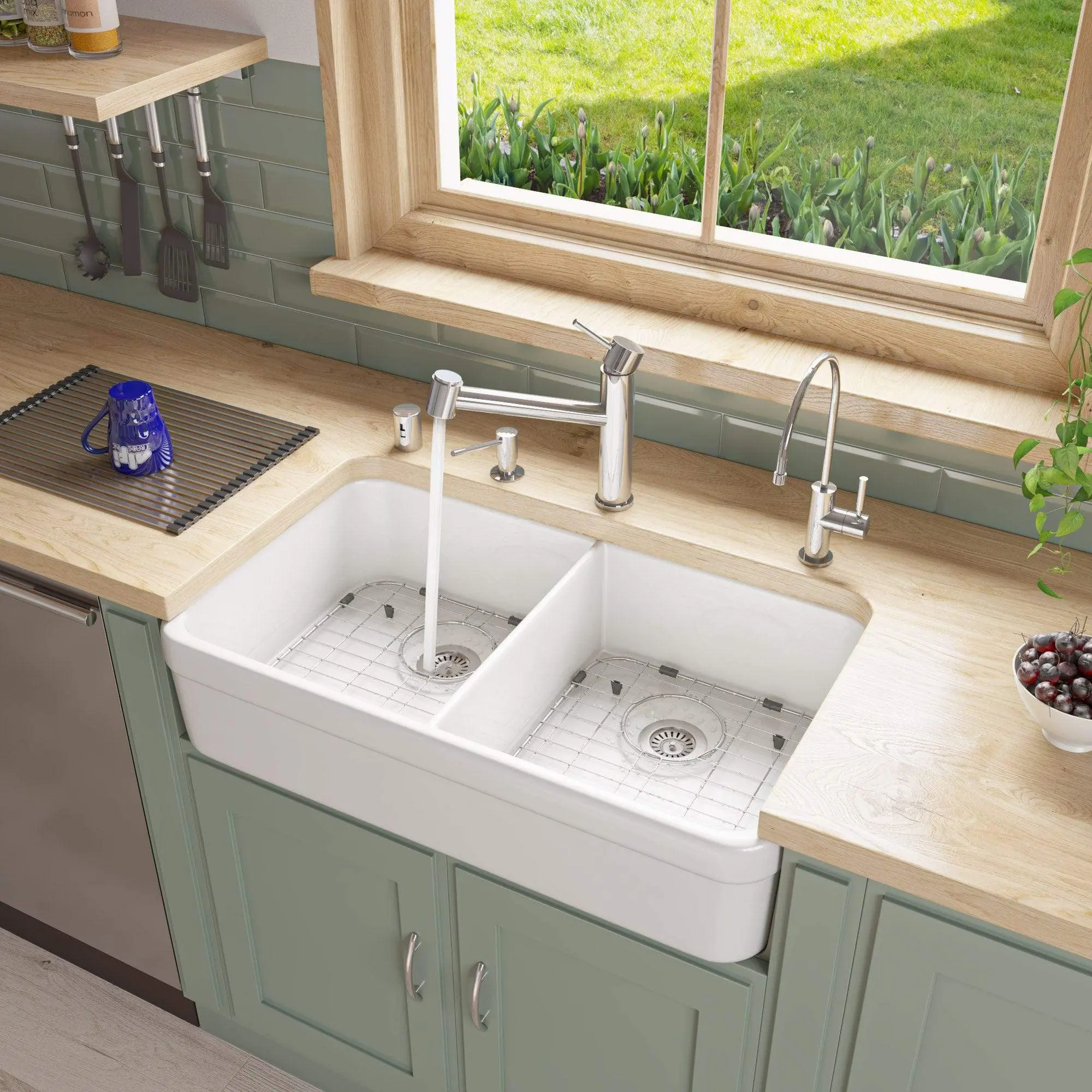 ALFI Double Bowl Fireclay 32'' Farmhouse Apron Kitchen Sink AB512-W