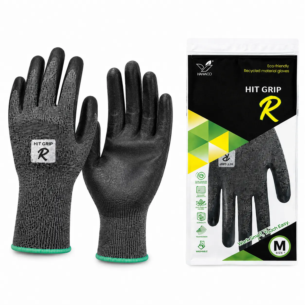 HANWOO HitGrip-R Touchscreen Work Gloves, Recycled PET Liner, Nitrile Foam Coated, Non-Slip Safety Gloves for General Work Safety Equipment Needs